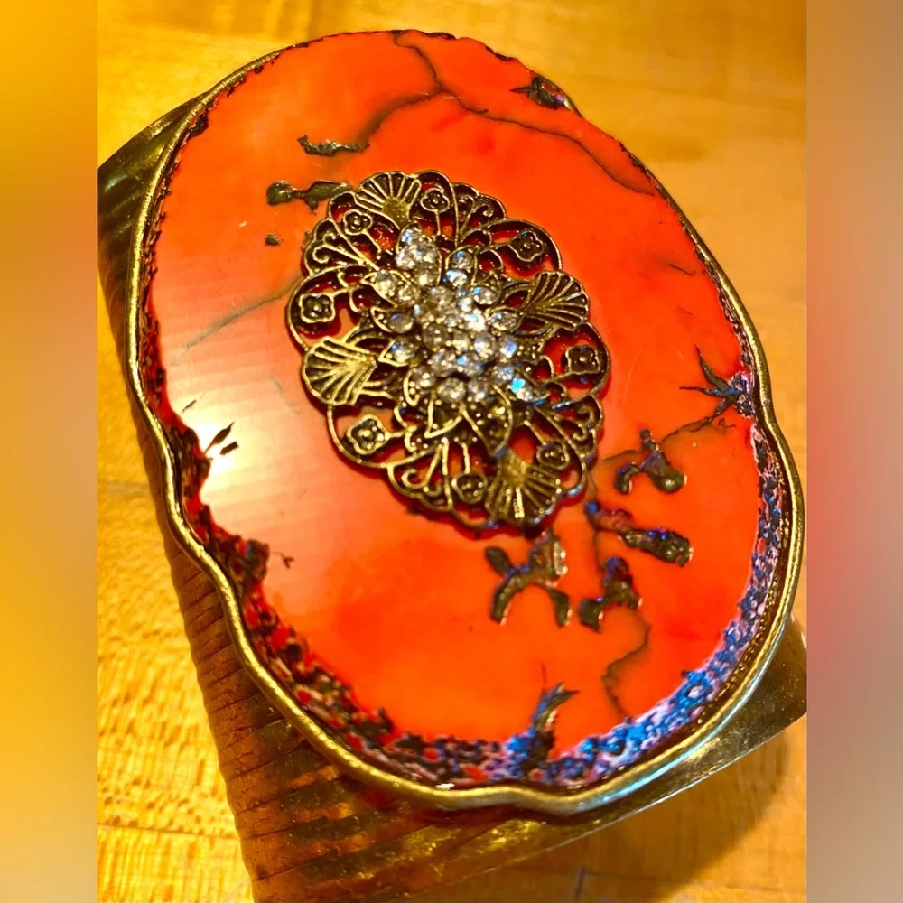 Vintage Studded Red Turquoise Brass Boho Statement Cuff - Picture 10 of 11